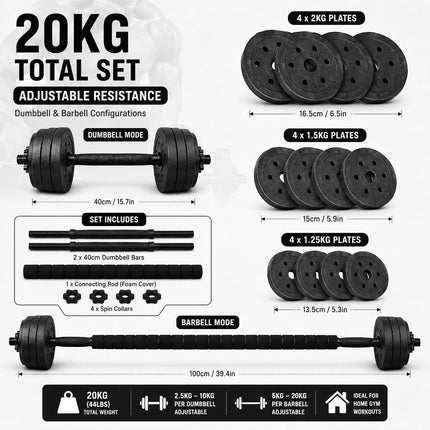20KG Adjustable Dumbbell & Barbell Set | Home Gym Weight Set with Connecting Rod, Spin Lock Collars & Weight Plates