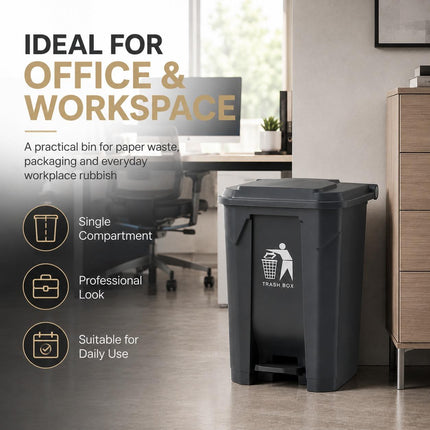 80L Pedal Bin with Lid, Large Black Plastic Kitchen Rubbish Bin for Home, Office, Bathroom and Workspace Waste