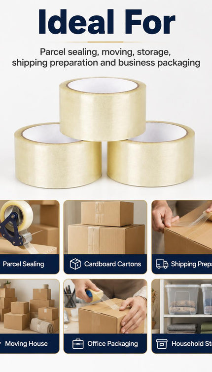Clear Heavy Duty Parcel Box Sealing Tape – 3 Rolls, 48mm × 66m