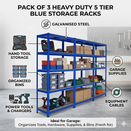 Heavy Duty Metal Storage Shelving Unit Pack of 3 | 5 Tier Galvanised Steel Garage Shelf Rack 150x70x30cm | Workshop Warehouse Organiser