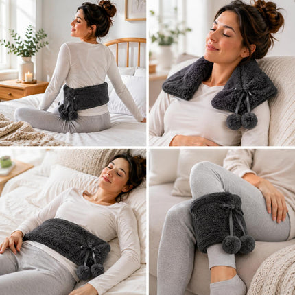 Extra Long 2.2L Hot Water Bottle with Soft Fleece Cover – Dark Grey Neck, Back & Body Pain Relief Leakproof Hot Water Bag