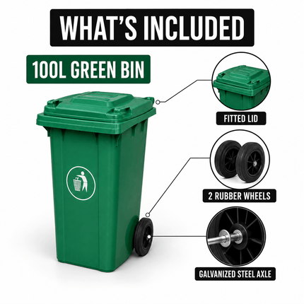 100L Green Wheelie Bin with Lid and Rubber Wheels, Heavy Duty HDPE Wheeled Refuse Bin for Household, Garden, Garage and Workplace Waste, 74 × 53 × 45 cm