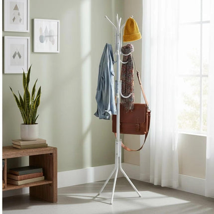 Coat Rack Stand with 12 Hooks, White Metal Clothes Hanger Tree, Hat & Umbrella Organizer for Entryway