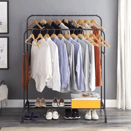 Double Clothes Rail Heavy Duty Garment Rack with Shoe Storage Display Stand for Bedroom Bedroom Wardrobe Organizer Hanging Clothes Rack with Bottom Shelf Storage