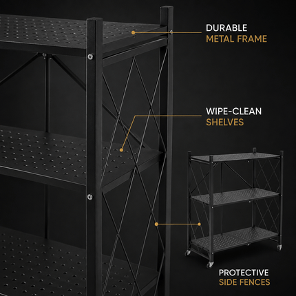3 Tier Folding Storage Shelf Rack with Wheels, Freestanding Black Metal Shelving Unit, Foldable Mobile Organiser for Kitchen, Living Room, Bedroom, Office and Utility Room, Medium Size
