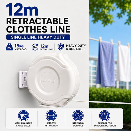 Retractable Clothes Reel Wall Mounted Drying Line 12m 15m 26m 30m Indoor Outdoor Laundry Airer Space Saving