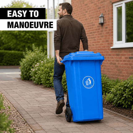 100L Wheelie Bin with Lid, Blue Heavy Duty HDPE Wheeled Refuse Bin with Rubber Wheels and Steel Axle, Outdoor Waste Bin for Home, Flat, Garage and Workplace, 74 × 53 × 45 cm