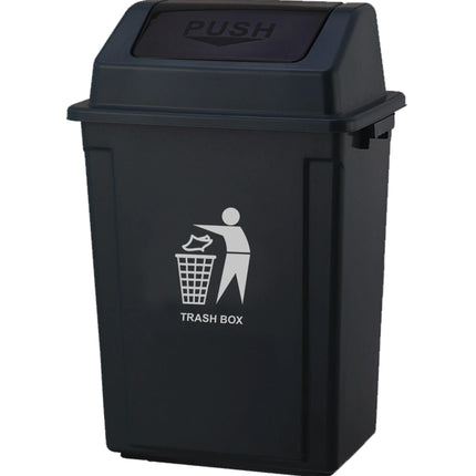 Large Plastic Swing Lid Trash Can Bin – Black Push Top Kitchen Rubbish & Recycling Waste Dustbin for Home, Office or Utility Room