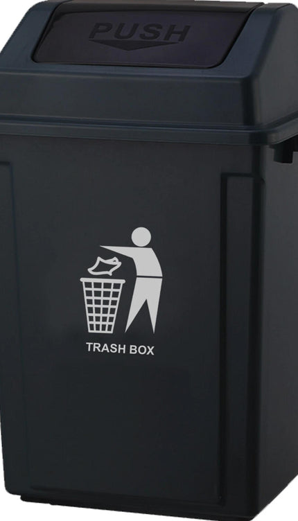 Large Plastic Swing Lid Trash Can Bin – Black Push Top Kitchen Rubbish & Recycling Waste Dustbin for Home, Office or Utility Room