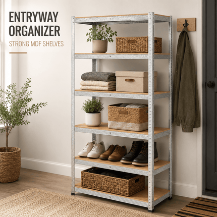 5 Tier Galvanised Steel Shelving Unit 150 x 70 x 30cm, Heavy Duty Adjustable Storage Rack for Garage, Workshop, Warehouse & Home Organisation, Silver, Pack of 1