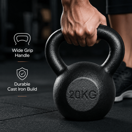 20kg Cast Iron Kettlebell, Black Strength Training Weight with Flat Base for Home Gym Workouts