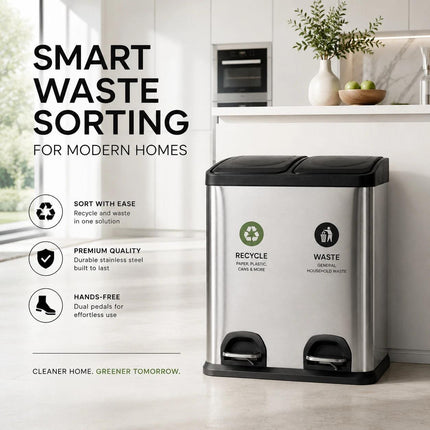 Dual Pedal Bin 2 x 15L Stainless Steel Recycling Waste Can 30L for Kitchen Office
