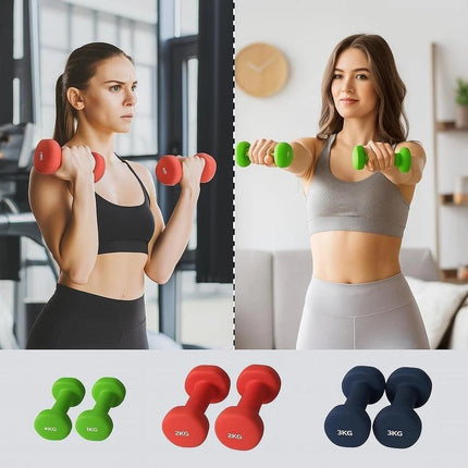 12kg Neoprene Dumbbell Set with Carry Case 1kg, 2kg & 3kg Pair Vinyl Hand Weights for Strength Training, Aerobics & Home Workouts – Anti-Roll, Non-Slip Grip, Compact Design