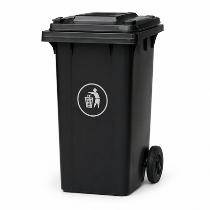 100L Black Wheelie Bin with Lid, Rubber Wheels and Push Handle, Heavy Duty HDPE Wheeled Rubbish Bin for Household, Garden, Garage and Workplace Waste
