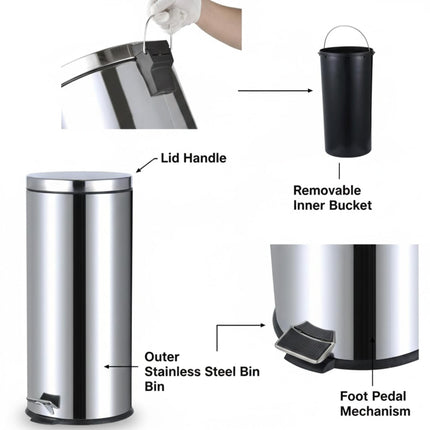 30L Stainless Steel Pedal Bin with Lid – Hands-Free Kitchen & Bathroom Trash Can