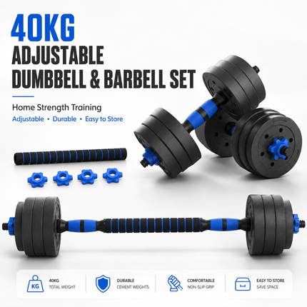 40KG Adjustable Dumbbell Barbell Set with Push Up Bars & Connecting Rod Home Gym Weight Training Equipment