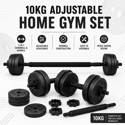 10kg Adjustable Dumbbell Barbell Set 10KG Home Gym Weight Set with Connecting Rod & Spin Collars