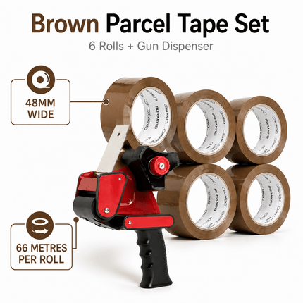 6 Rolls Brown Packing Tape with Tape Gun Dispenser 48mm x 66m, Parcel Sealing Tape for Boxes, Moving, Shipping and Packaging
