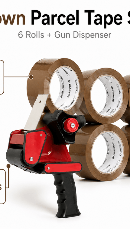 Brown Packing Tape with Tape Gun Dispenser – 6 Rolls, 48mm × 66m