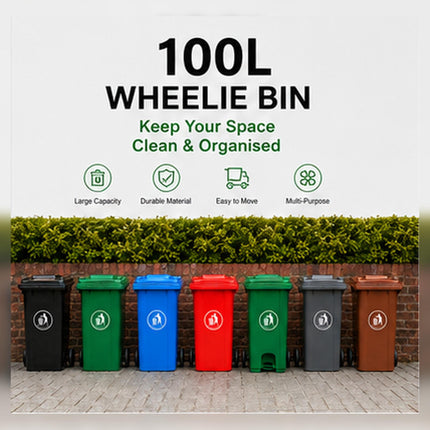 100L Wheelie Bin with Wheels | Large Outdoor Rubbish Bin for Home Garden Garage | Waste Storage Solution