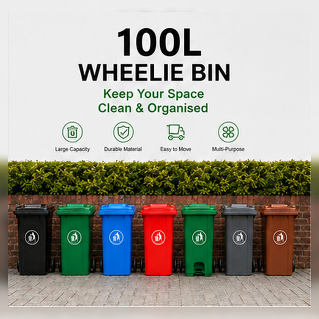 100L Wheelie Bin with Wheels | Large Outdoor Rubbish Bin for Home Garden Garage | Waste Storage Solution