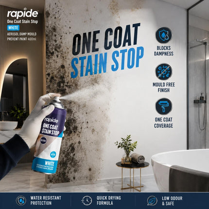 400ml White Stain Block Spray Paint Aerosol 1 Coat Coverage Paint 400ml White Primer Damp Mould Resistant Quick Dry Wall Ceiling Metal Wood Plastic