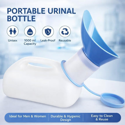 Unisex Urinal Bottle 1L with Lid & Funnel – Reusable Male & Female Urine Container for Elderly Patients, Bedside, Hospital, Travel, Camping & Car Emergency Use