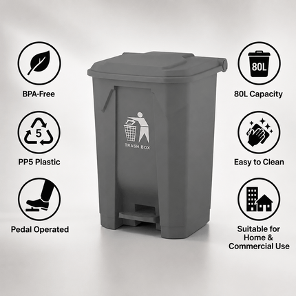 80L Grey Pedal Dustbin with Lid, Large Capacity PP5 Plastic Waste Bin, Foot Operated Rubbish Container for Kitchen, Office, Bathroom, Home & Commercial Use
