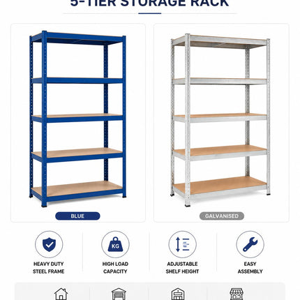 5-Tier Storage Rack with Adjustable Shelves Galvanized Steel Frame BLUE SILVER