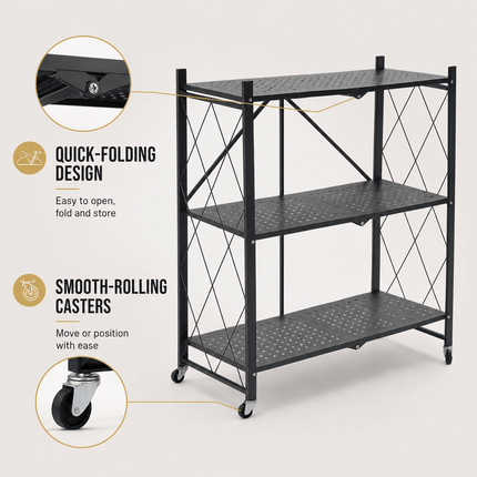 3 Tier Folding Storage Shelf Rack with Wheels, Freestanding Black Metal Shelving Unit, Foldable Mobile Organiser for Kitchen, Living Room, Bedroom, Office and Utility Room, Medium Size
