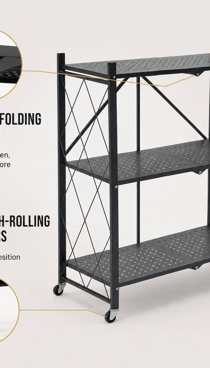 3 Tier Folding Storage Shelf Rack with Wheels, Freestanding Black Metal Shelving Unit, Foldable Mobile Organiser for Kitchen, Living Room, Bedroom, Office and Utility Room, Medium Size