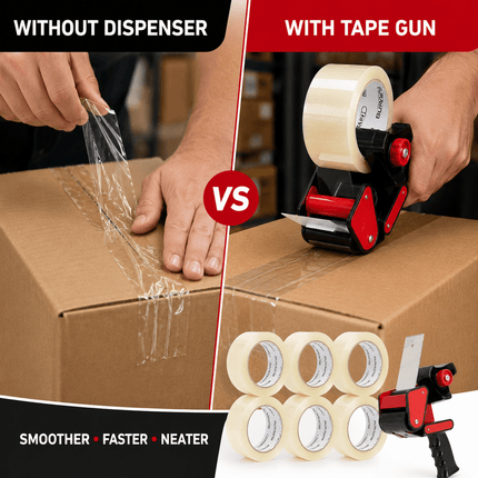 Packing Tape with Dispenser Gun, 6 Rolls 48mm x 66m Strong Parcel Tape for Boxes, Cartons, Moving, Shipping & Storage, Clear