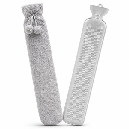Hot Water Bottle with Soft Fleece Extra Long 2.2L Cover Body Pain Relief for Back, Neck, Shoulders & Legs  Light Grey