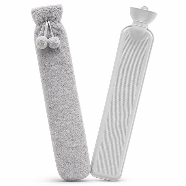 Hot Water Bottle with Soft Fleece Extra Long 2.2L Cover Body Pain Relief for Back, Neck, Shoulders & Legs  Light Grey