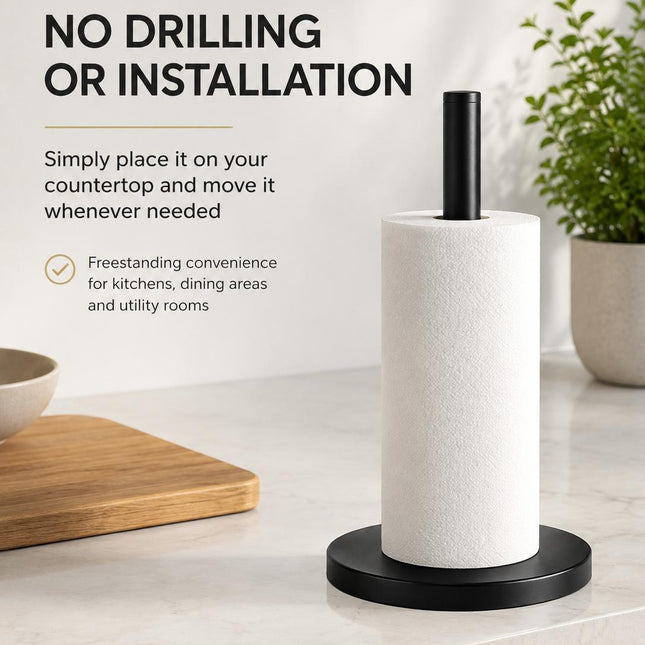 Kitchen Roll Holder Pack of 2 Free Standing Matt Black Stainless Steel Paper Towel Stand Countertop Holder 31.8cm