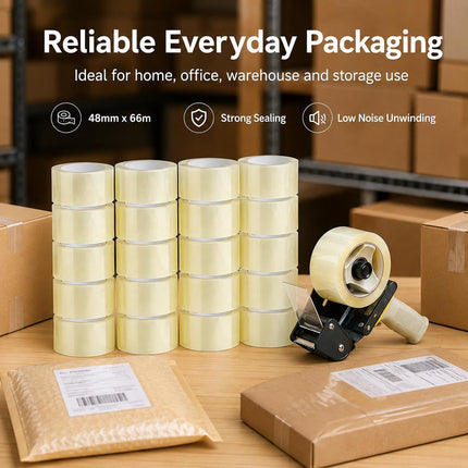 Clear Parcel Tape 48mm x 66m Strong Packing Tape for Boxes | Transparent Packaging Tape for Moving, Shipping, Storage & Dispatch
