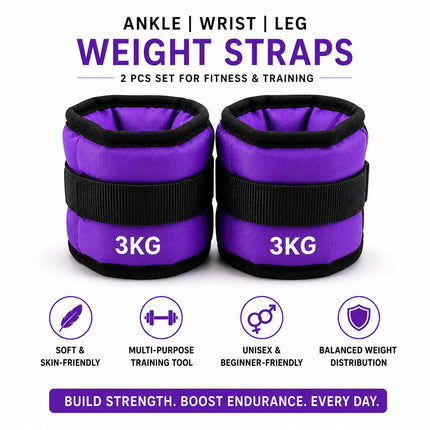 Ankle Wrist Weights Pair Purple Adjustable Leg Weights Straps for Walking Running Yoga Gym Fitness Training Home Workout 0.5kg-3kg