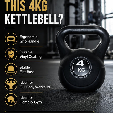 Vinyl Kettlebell Weight 4KG–20KG, Cast Iron Strength Training Equipment with Wide Grip Handle & Stable Flat Base, Free Weight for Home Gym, Squats, Swings and Full Body Workouts