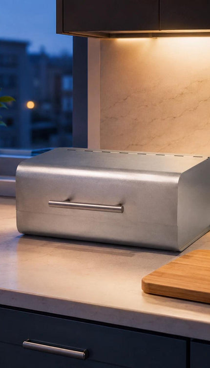 Bread Bin Stainless Steel Large Bread Box with Hinged Lid & Handle, Kitchen Bread Storage Container, Countertop Bread Keeper, Silver Satin Finish, 36.1 x 23 x 14.5 cm