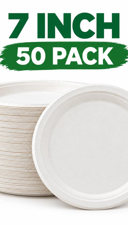 50 Pack Disposable Plates , Biodegradable Sugarcane for Parties, BBQs & Picnics, Choice of 7, 9 or 10 Inch