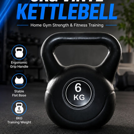 Vinyl Kettlebell Weight 4KG–20KG, Cast Iron Strength Training Equipment with Wide Grip Handle & Stable Flat Base, Free Weight for Home Gym, Squats, Swings and Full Body Workouts