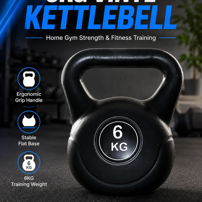 Vinyl Kettlebell Weight 4KG–20KG, Cast Iron Strength Training Equipment with Wide Grip Handle & Stable Flat Base, Free Weight for Home Gym, Squats, Swings and Full Body Workouts
