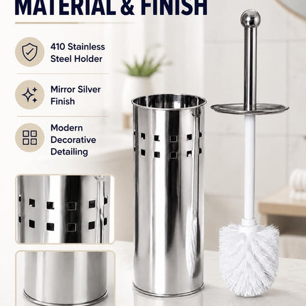 Toilet Brush With Holder Pack of 2 Stainless Steel Bathroom WC Cleaning Brush Freestanding Silver White 38cm