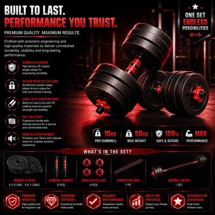 Adjustable Dumbbell & Barbell Set 10-50kg  Heavy Duty Home Gym Weight Training Kit with Connecting Rod & Spin Lock Collars