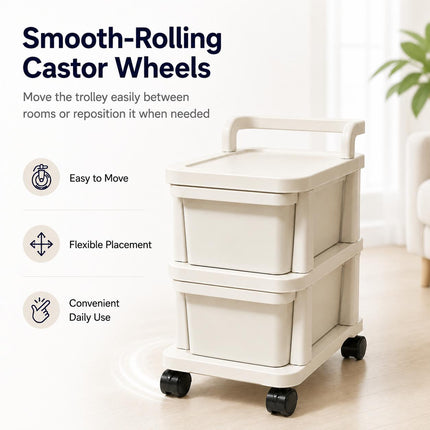 2 Tier Mobile Drawer Cabinet Storage Trolley Plastic with Castor Wheels for Home Office Kitchen and Bathroom