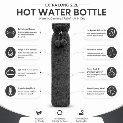 Extra Long 2.2L Hot Water Bottle with Soft Fleece Cover – Dark Grey Neck, Back & Body Pain Relief Leakproof Hot Water Bag