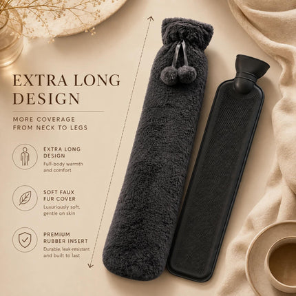 Extra Long 2.2L Hot Water Bottle with Soft Fleece Cover – Dark Grey Neck, Back & Body Pain Relief Leakproof Hot Water Bag