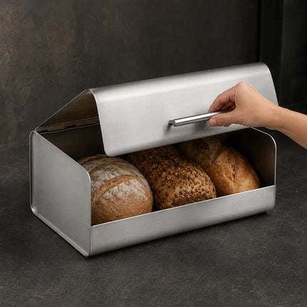Bread Bin Stainless Steel Large Bread Box with Hinged Lid & Handle, Kitchen Bread Storage Container, Countertop Bread Keeper, Silver Satin Finish, 36.1 x 23 x 14.5 cm