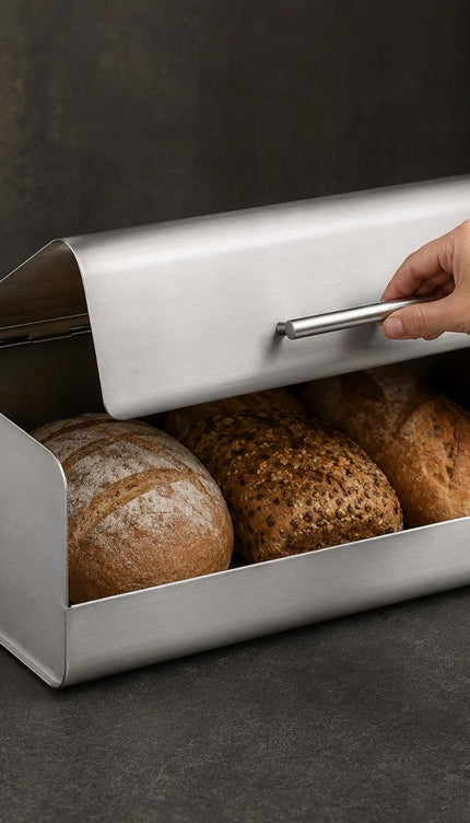 Bread Bin Stainless Steel Large Bread Box with Hinged Lid & Handle, Kitchen Bread Storage Container, Countertop Bread Keeper, Silver Satin Finish, 36.1 x 23 x 14.5 cm
