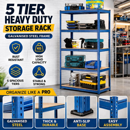 5 Tier Garage Storage Rack 180x90x40cm Heavy Duty Blue Galvanised Steel Adjustable Shelving Unit for Shed Warehouse Workshop